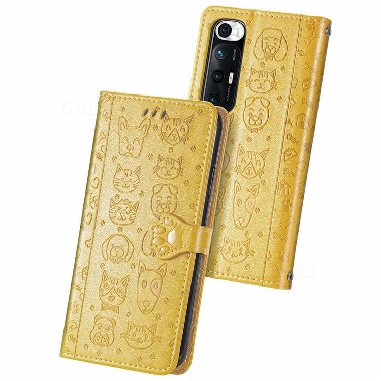 Embossing Dog Paw Kitten and Puppy Leather Wallet Case for Xiaomi Mi 10S - Yellow