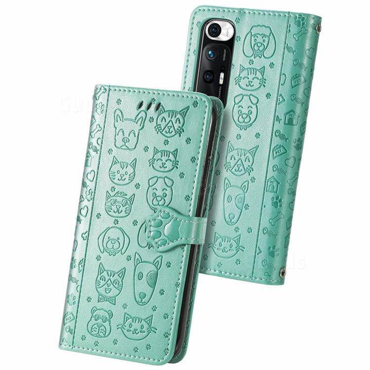 Embossing Dog Paw Kitten and Puppy Leather Wallet Case for Xiaomi Mi 10S - Green