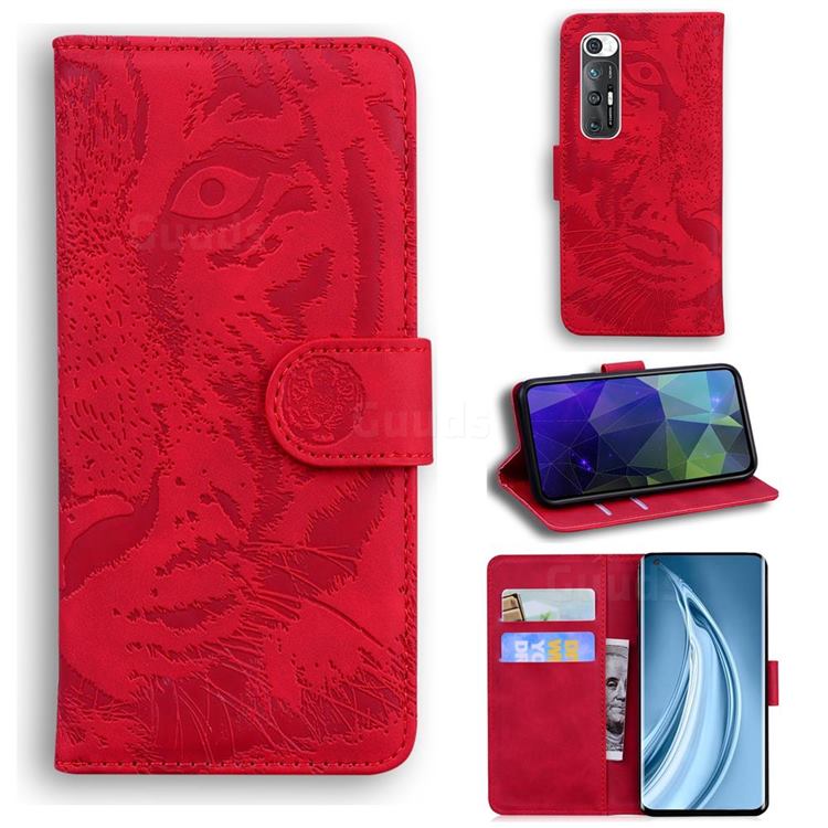Intricate Embossing Tiger Face Leather Wallet Case for Xiaomi Mi 10S - Red