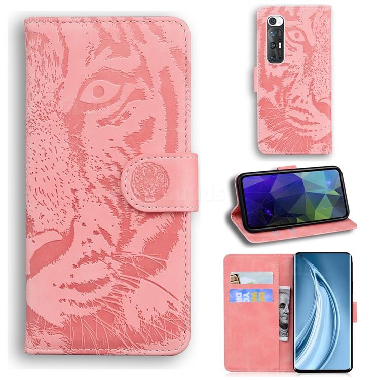 Intricate Embossing Tiger Face Leather Wallet Case for Xiaomi Mi 10S - Pink