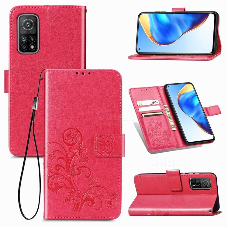 Embossing Imprint Four-Leaf Clover Leather Wallet Case for Xiaomi Mi 10T / 10T Pro 5G - Rose Red
