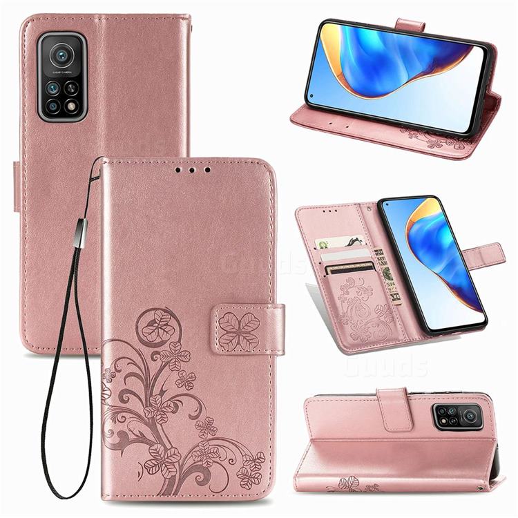 Embossing Imprint Four-Leaf Clover Leather Wallet Case for Xiaomi Mi 10T / 10T Pro 5G - Rose Gold