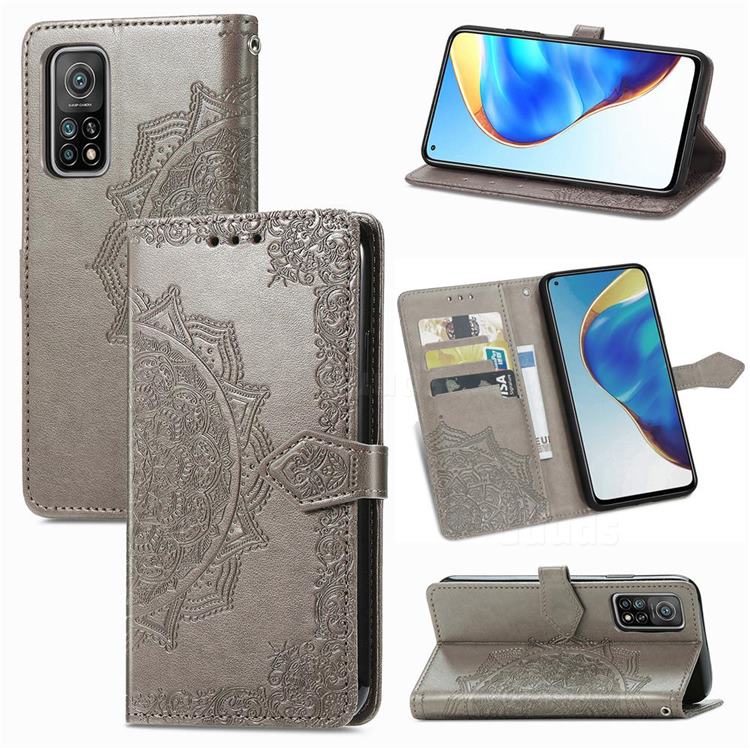 Embossing Imprint Mandala Flower Leather Wallet Case for Xiaomi Mi 10T / 10T Pro 5G - Gray