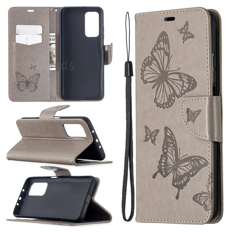 Embossing Double Butterfly Leather Wallet Case for Xiaomi Mi 10T / 10T Pro 5G - Gray