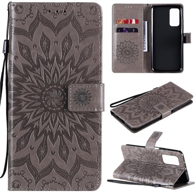 Embossing Sunflower Leather Wallet Case for Xiaomi Mi 10T / 10T Pro 5G - Gray