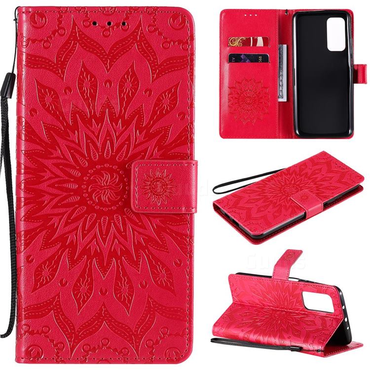 Embossing Sunflower Leather Wallet Case for Xiaomi Mi 10T / 10T Pro 5G - Red