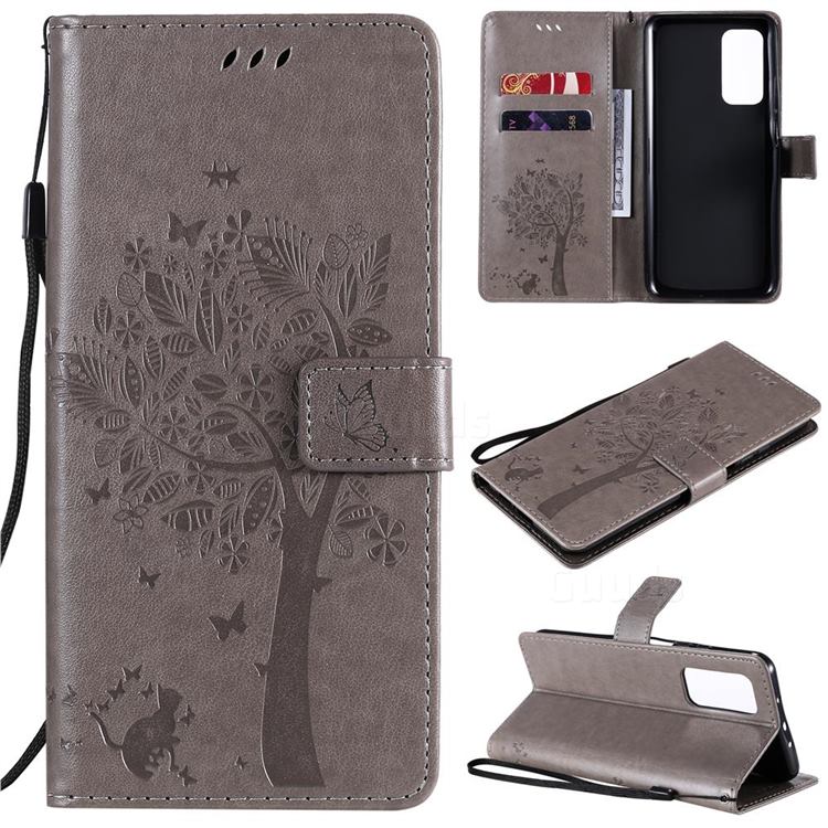 Embossing Butterfly Tree Leather Wallet Case for Xiaomi Mi 10T / 10T Pro 5G - Grey