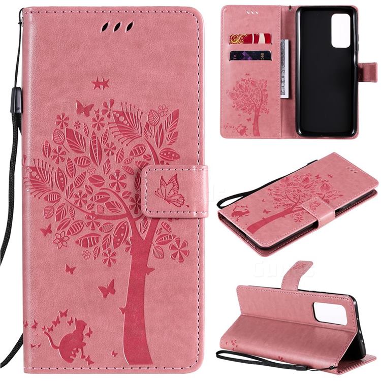 Embossing Butterfly Tree Leather Wallet Case for Xiaomi Mi 10T / 10T Pro 5G - Pink