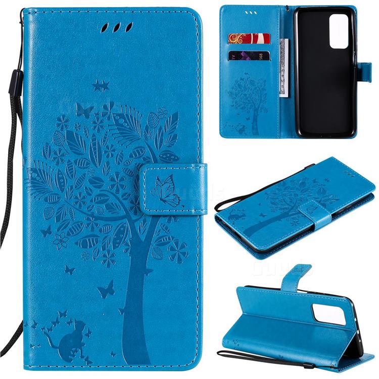 Embossing Butterfly Tree Leather Wallet Case for Xiaomi Mi 10T / 10T Pro 5G - Blue