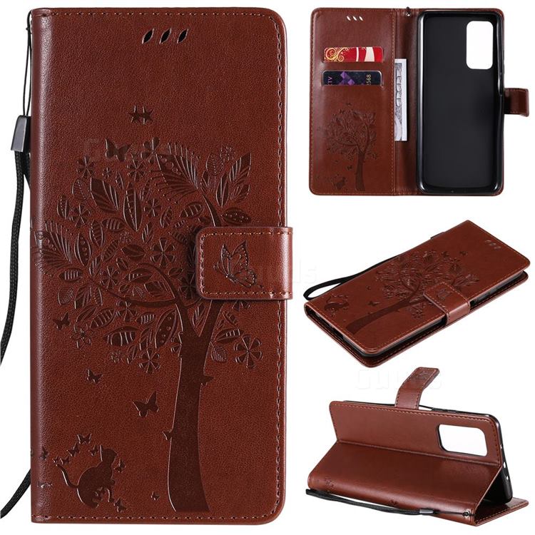 Embossing Butterfly Tree Leather Wallet Case for Xiaomi Mi 10T / 10T Pro 5G - Coffee