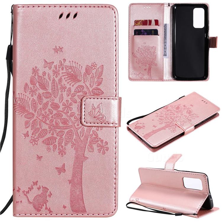 Embossing Butterfly Tree Leather Wallet Case for Xiaomi Mi 10T / 10T Pro 5G - Rose Pink