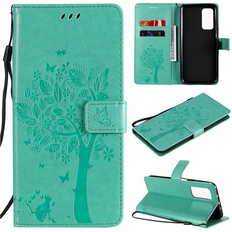 Embossing Butterfly Tree Leather Wallet Case for Xiaomi Mi 10T / 10T Pro 5G - Cyan