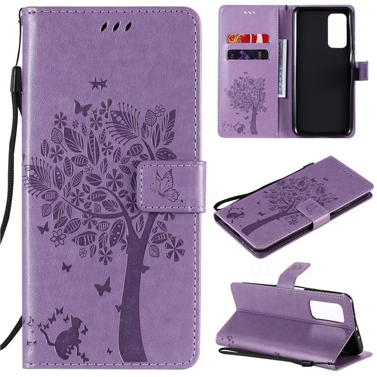 Embossing Butterfly Tree Leather Wallet Case for Xiaomi Mi 10T / 10T Pro 5G - Violet