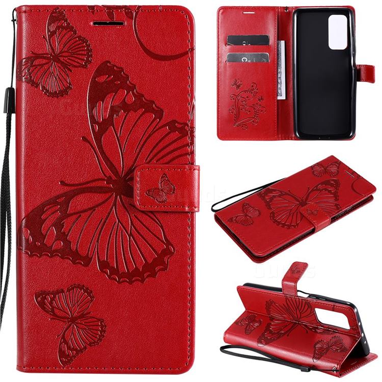 Embossing 3D Butterfly Leather Wallet Case for Xiaomi Mi 10T / 10T Pro 5G - Red
