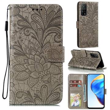 Intricate Embossing Lace Jasmine Flower Leather Wallet Case for Xiaomi Mi 10T / 10T Pro 5G - Gray