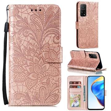 Intricate Embossing Lace Jasmine Flower Leather Wallet Case for Xiaomi Mi 10T / 10T Pro 5G - Rose Gold