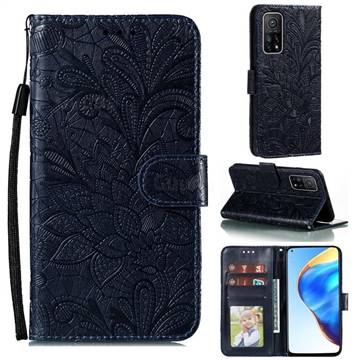 Intricate Embossing Lace Jasmine Flower Leather Wallet Case for Xiaomi Mi 10T / 10T Pro 5G - Dark Blue