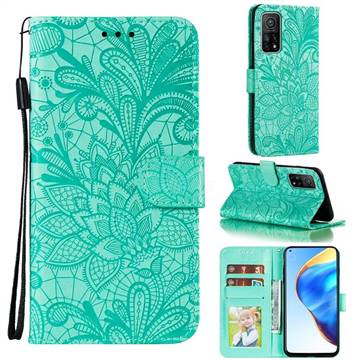 Intricate Embossing Lace Jasmine Flower Leather Wallet Case for Xiaomi Mi 10T / 10T Pro 5G - Green