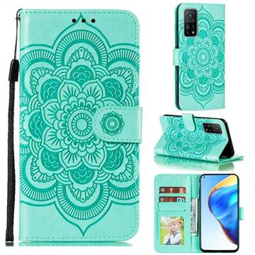 Intricate Embossing Datura Solar Leather Wallet Case for Xiaomi Mi 10T / 10T Pro 5G - Green