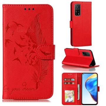 Intricate Embossing Lychee Feather Bird Leather Wallet Case for Xiaomi Mi 10T / 10T Pro 5G - Red