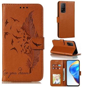 Intricate Embossing Lychee Feather Bird Leather Wallet Case for Xiaomi Mi 10T / 10T Pro 5G - Brown