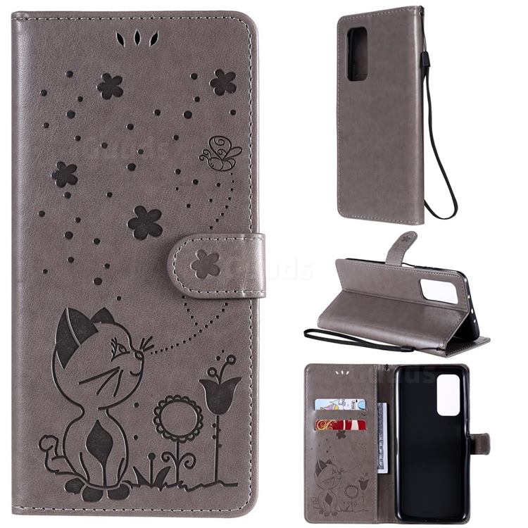 Embossing Bee and Cat Leather Wallet Case for Xiaomi Mi 10T / 10T Pro 5G - Gray