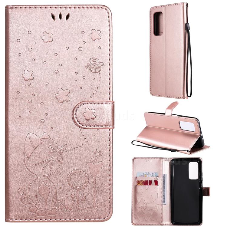 Embossing Bee and Cat Leather Wallet Case for Xiaomi Mi 10T / 10T Pro 5G - Rose Gold