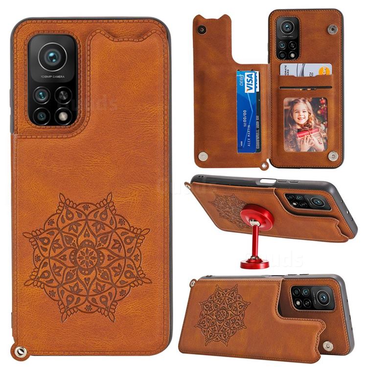 Luxury Mandala Multi-function Magnetic Card Slots Stand Leather Back Cover for Xiaomi Mi 10T / 10T Pro 5G - Brown