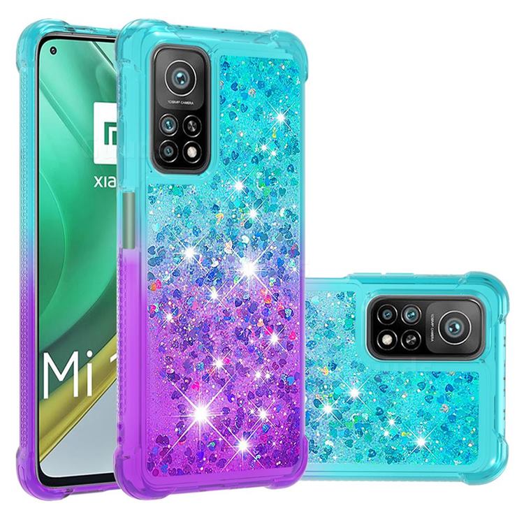 Rainbow Gradient Liquid Glitter Quicksand Sequins Phone Case for Xiaomi Mi 10T / 10T Pro 5G - Blue Purple