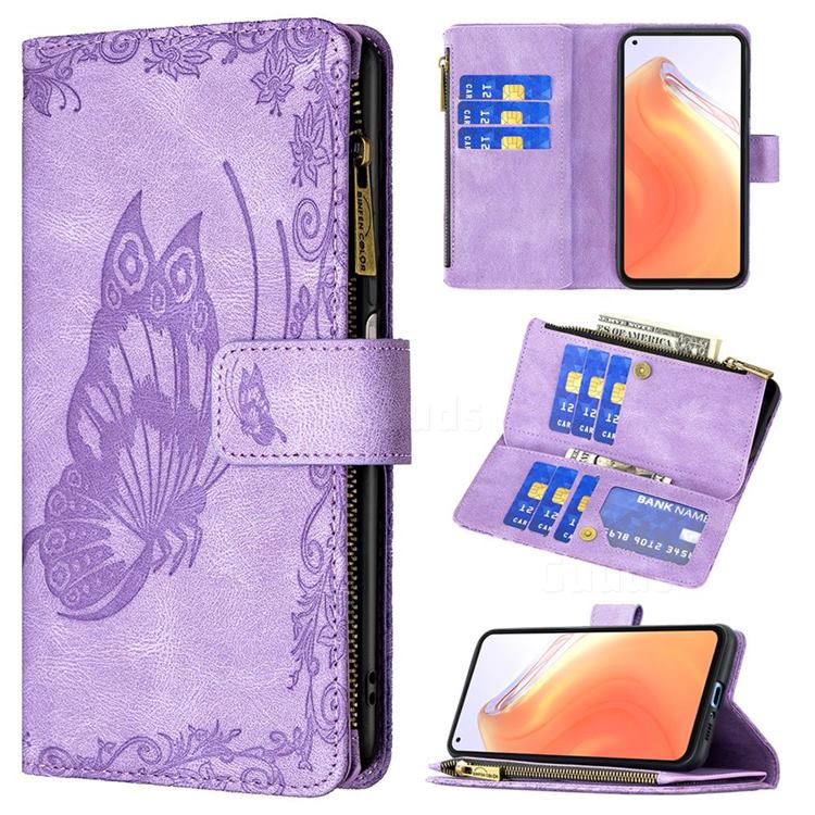 Binfen Color Imprint Vivid Butterfly Buckle Zipper Multi-function Leather Phone Wallet for Xiaomi Mi 10T / 10T Pro 5G - Purple
