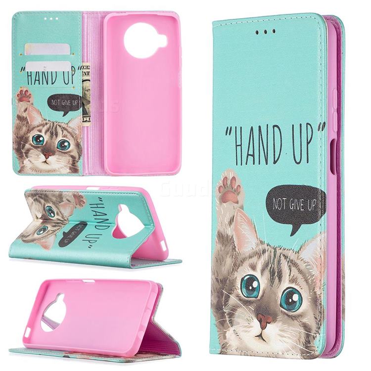 Hand Up Cat Slim Magnetic Attraction Wallet Flip Cover for Xiaomi Mi 10T Lite 5G