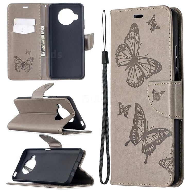 Embossing Double Butterfly Leather Wallet Case for Xiaomi Mi 10T Lite 5G - Gray