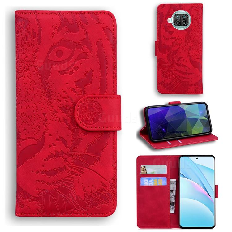 Intricate Embossing Tiger Face Leather Wallet Case for Xiaomi Mi 10T Lite 5G - Red