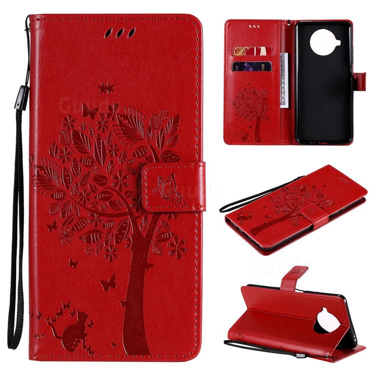 Embossing Butterfly Tree Leather Wallet Case for Xiaomi Mi 10T Lite 5G - Red