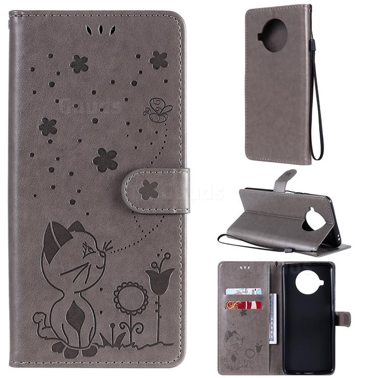 Embossing Bee and Cat Leather Wallet Case for Xiaomi Mi 10T Lite 5G - Gray