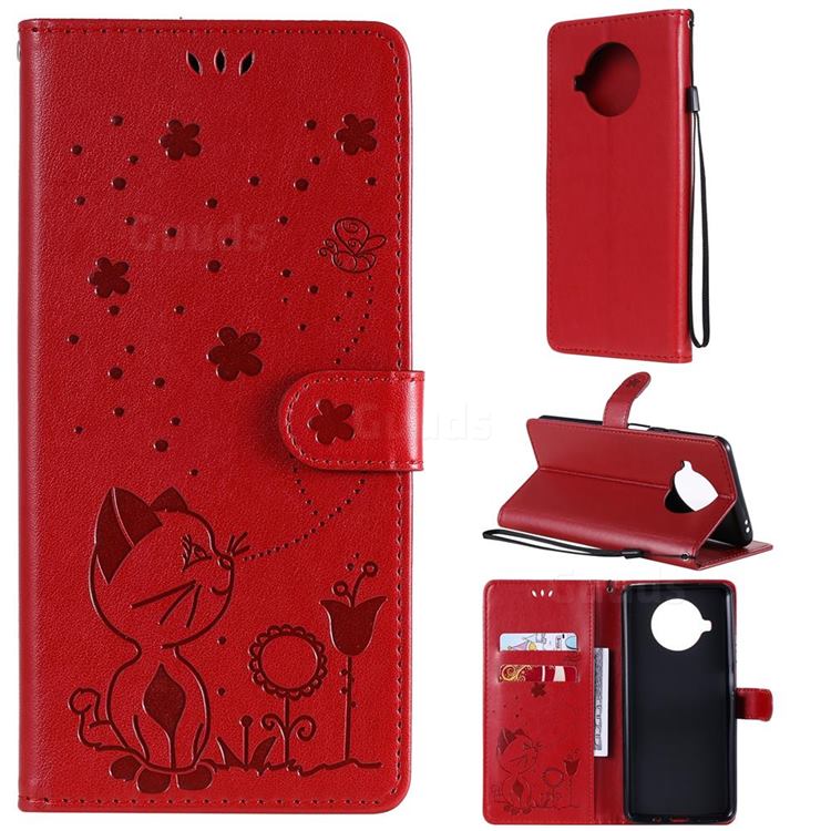 Embossing Bee and Cat Leather Wallet Case for Xiaomi Mi 10T Lite 5G - Red