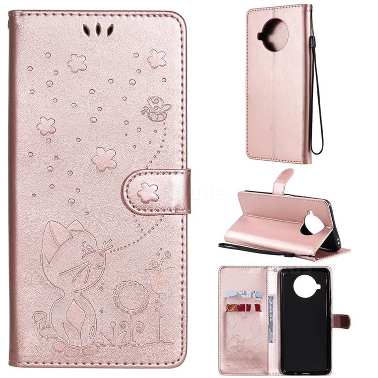 Embossing Bee and Cat Leather Wallet Case for Xiaomi Mi 10T Lite 5G - Rose Gold