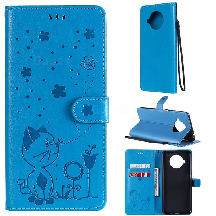 Embossing Bee and Cat Leather Wallet Case for Xiaomi Mi 10T Lite 5G - Blue