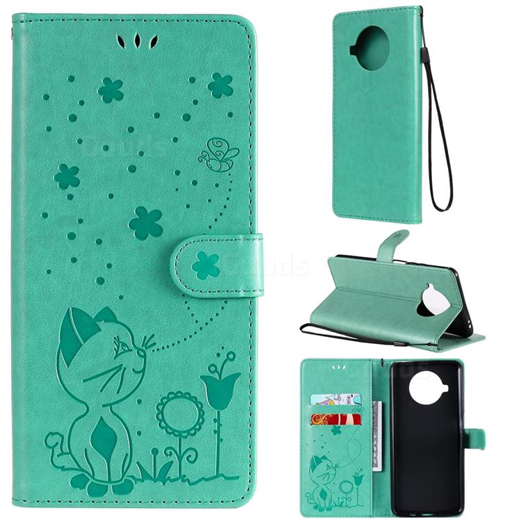 Embossing Bee and Cat Leather Wallet Case for Xiaomi Mi 10T Lite 5G - Green