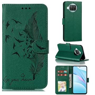 Intricate Embossing Lychee Feather Bird Leather Wallet Case for Xiaomi Mi 10T Lite 5G - Green