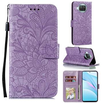 Intricate Embossing Lace Jasmine Flower Leather Wallet Case for Xiaomi Mi 10T Lite 5G - Purple