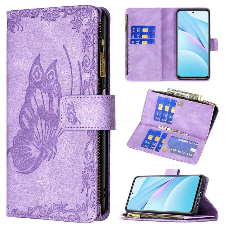 Binfen Color Imprint Vivid Butterfly Buckle Zipper Multi-function Leather Phone Wallet for Xiaomi Mi 10T Lite 5G - Purple