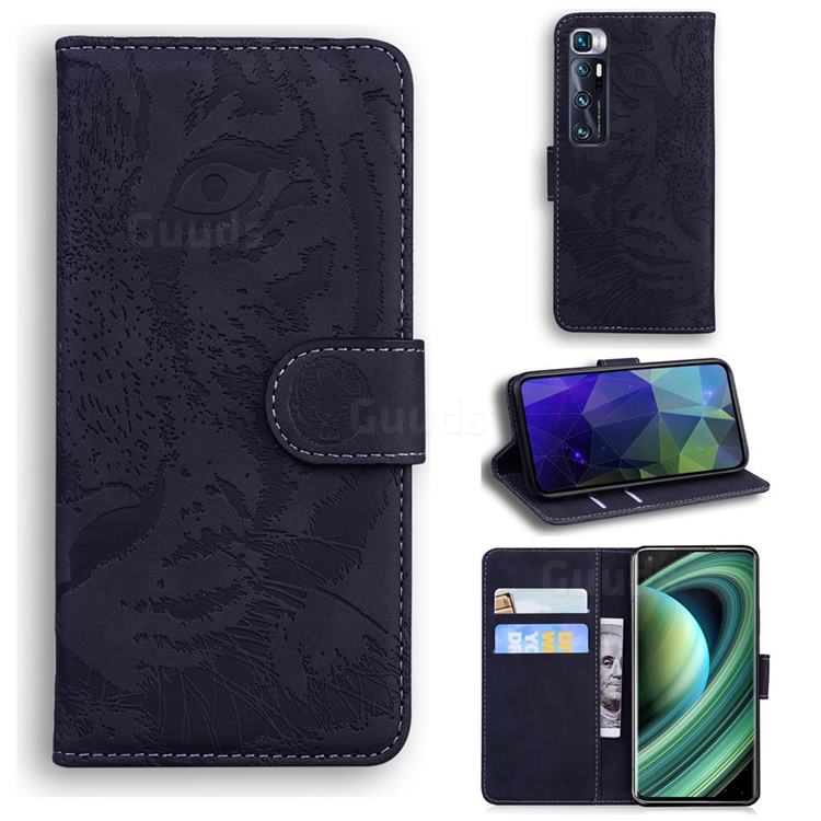 Intricate Embossing Tiger Face Leather Wallet Case for Xiaomi Mi 10 Ultra - Black