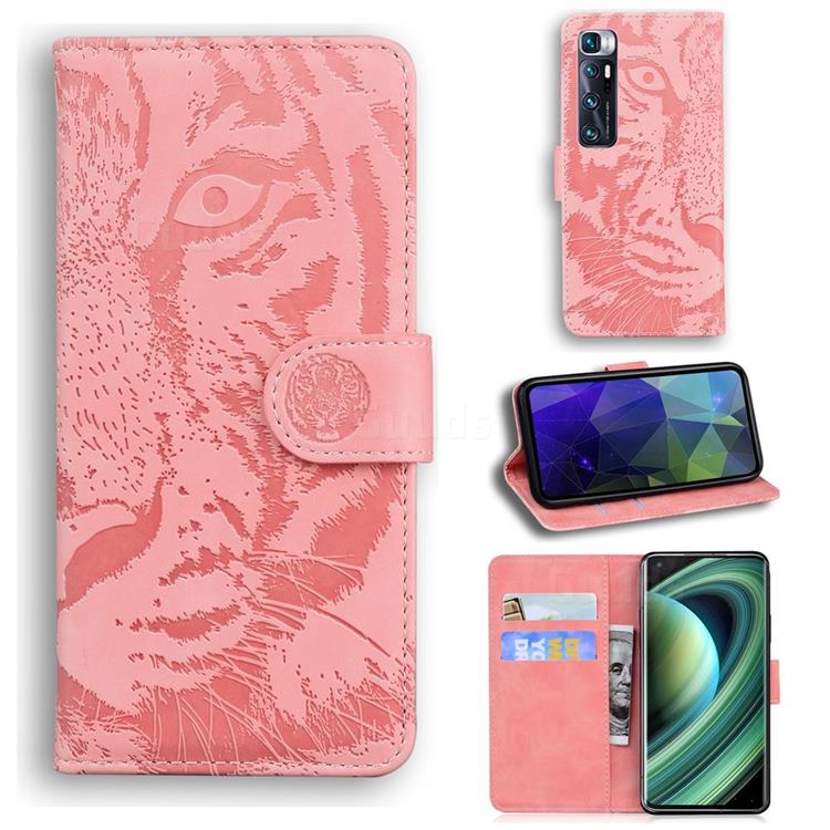 Intricate Embossing Tiger Face Leather Wallet Case for Xiaomi Mi 10 Ultra - Pink