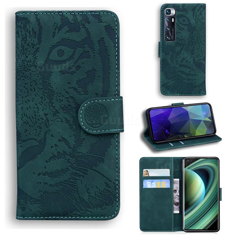 Intricate Embossing Tiger Face Leather Wallet Case for Xiaomi Mi 10 Ultra - Green