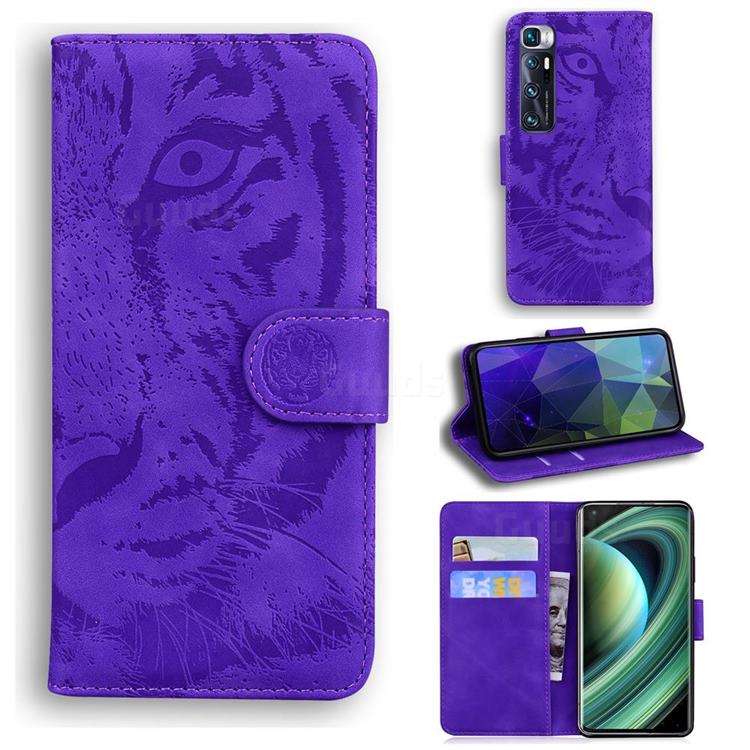 Intricate Embossing Tiger Face Leather Wallet Case for Xiaomi Mi 10 Ultra - Purple