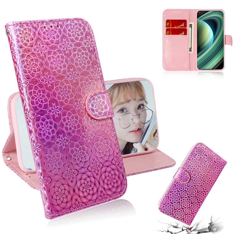 Laser Circle Shining Leather Wallet Phone Case for Xiaomi Mi 10 Ultra - Pink