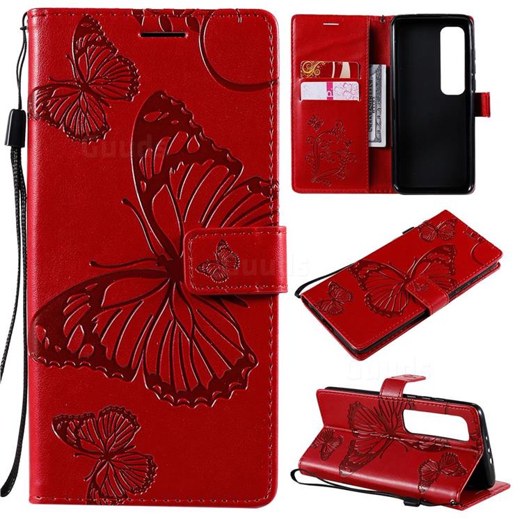 Embossing 3D Butterfly Leather Wallet Case for Xiaomi Mi 10 Ultra - Red