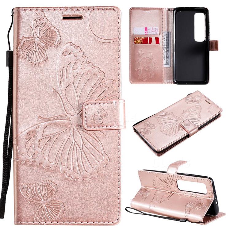 Embossing 3D Butterfly Leather Wallet Case for Xiaomi Mi 10 Ultra - Rose Gold