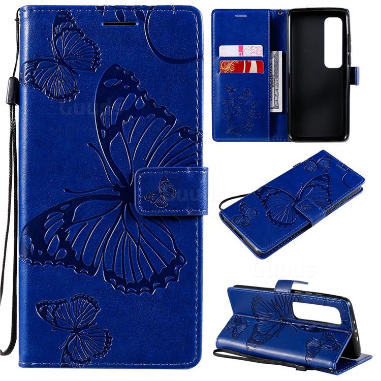 Embossing 3D Butterfly Leather Wallet Case for Xiaomi Mi 10 Ultra - Blue